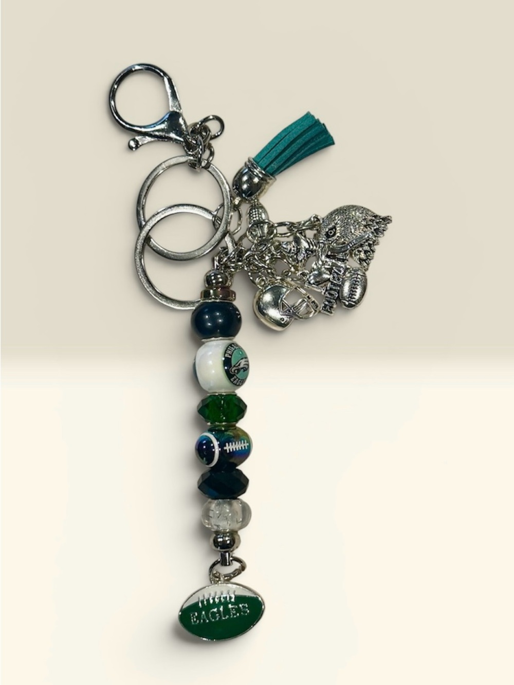 Philadelphia Eagles Beaded Keychain with Green Tassel